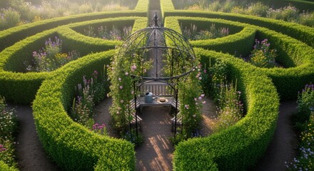 Overgrown garden maze hedges are thick and green with blooming wildflowers lining the paths viewed from an aerial perspective. Nature and Abstract concept