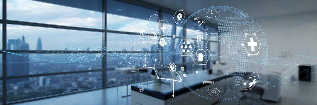 Digital healthcare technology overlay on a modern operating room with city view - Powered by Adobe