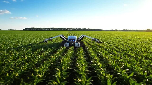 A robot equipped with spraying arms cultivates a green field under a clear blue sky