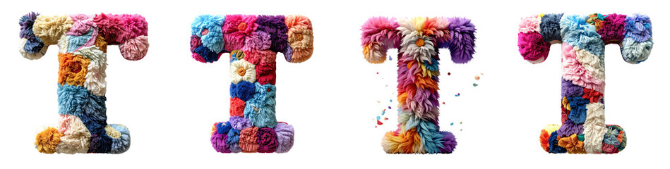plush pattern letter T stylish typography illustration with colorful decorative elements.