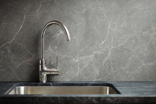 Modern chrome faucet and stainless steel sink against a grey marble backsplash.