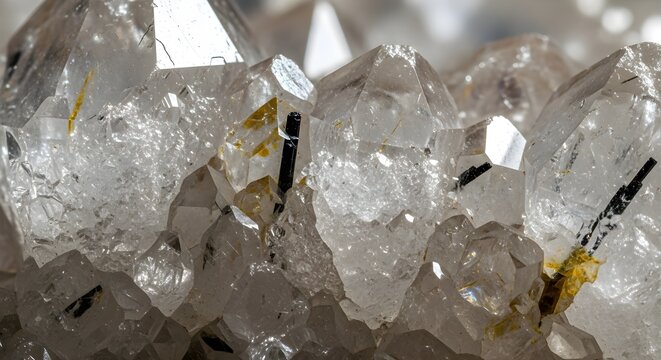 Close-up of clear quartz crystals with black tourmaline inclusions and golden accents.