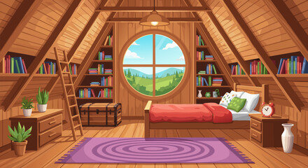 Cozy Attic Bedroom with Bookshelves and a Window View A Warm and Inviting Interior Space © DOLARRIZ JHON