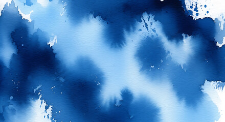 A vibrant abstract blue watercolor background with dramatic bleeding ink blots and high-contrast white paper texture