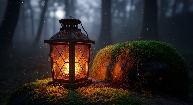 Atmospheric lantern in a dark forest setting, emanating a warm, inviting glow amidst misty ambiance and rain, evoking peace and serenity. Perfect for fantasy projects.