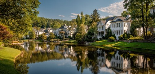 Obraz premium A serene waterfront scene showcases elegant homes nestled along a tranquil lake, reflecting the clear sky above.