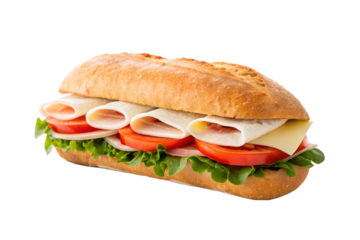Delicious submarine sandwich with fresh turkey, cheese, lettuce, and tomato on a crusty baguette. A healthy and convenient fast food lunch option isolated on white