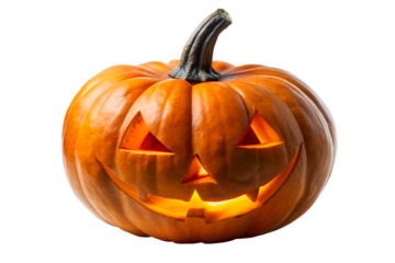 Spooky carved Halloween pumpkin known as a Jack O'Lantern glowing with an evil smile, a symbol of autumn holiday tradition on a white studio background