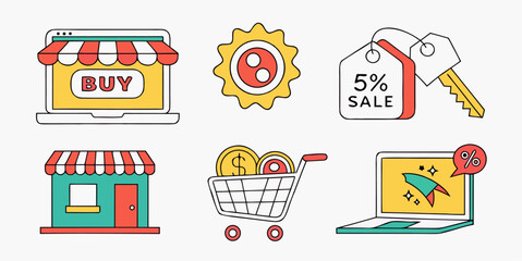Delightful online shopping experience icons for modern e-commerce promotions, sales and deals