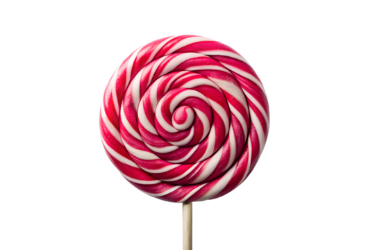 A sweet, circular red and white swirled lollipop on a wooden stick, isolated on a pure white background, perfect for candy and confectionery themes