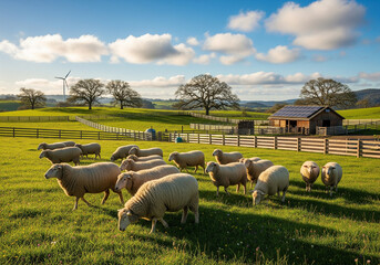 Obraz premium Pastoral Scene: Sheep Grazing in a Lush Green Field with Farmhouse and Rolling Hills