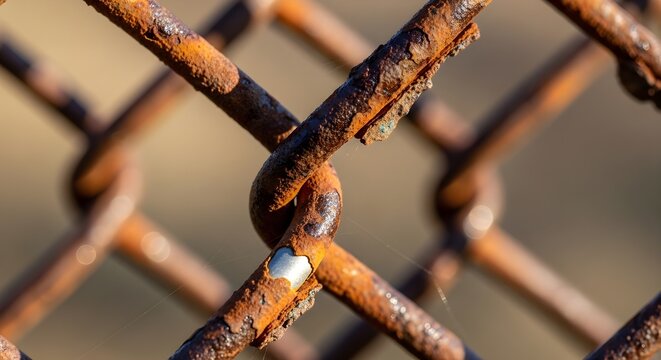 Close-up macro shot of a rusty, weathered chain-link fence with textured surface and blurred background.