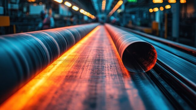 Glowing, hot metal pipes roll along a conveyor in an industrial setting