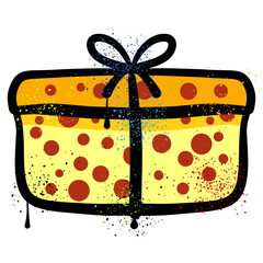 Gift box graffiti with ribbon with colorful grunge splashes and drips