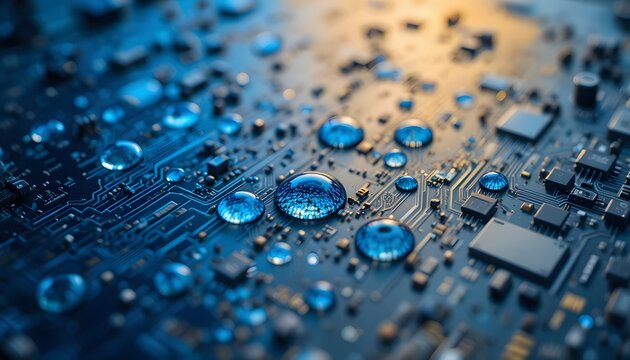 water drops on blue electronic circuit board close up technology