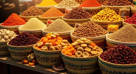Fototapeta premium Vibrant Assortment of Spices and Dried Fruits at a Market Stall.