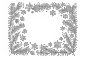 Silver fir branches and snowflakes forming a festive christmas winter rectangular border or frame on transparent background