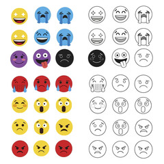 Collection of colorful and black and white emoji faces showing different emotions.