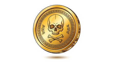 Naklejka premium Illustration of a pirate gold coin with skull engraving, white surface