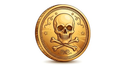 Naklejka premium Illustration of a pirate gold coin with skull engraving, clean white surface