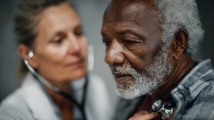 Fototapeta na wymiar Doctor uses stethoscope to listen to elderly patient s heartbeat during medical examination