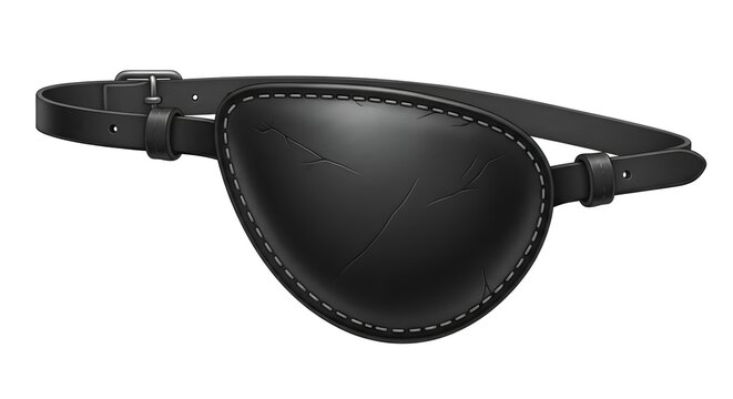 Illustration of a black pirate eye patch with leather strap, white background
