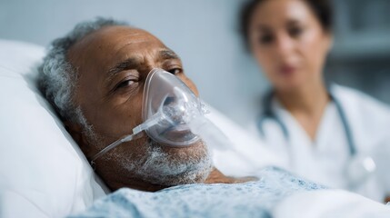 Elderly patient in hospital bed wearing oxygen mask with nurse in background