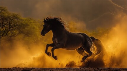 galloping. A majestic stallion galloping through desert haze, mane flowing in sunset light. inspiring travel planning, wildlife magazines, designed for eco-tourism storytelling.