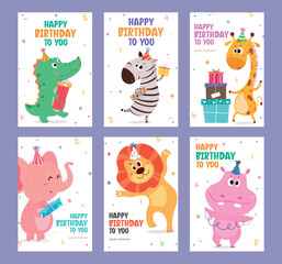 Fototapeta premium Adorable set of birthday cards featuring cartoon animals in party hats with presents and confetti. Perfect for kids’ birthday invitations, posters, and celebration greetings.