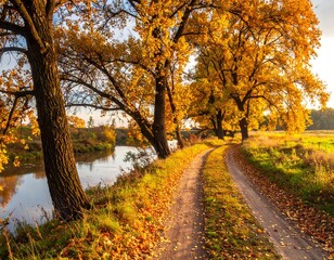 Obraz premium Scenic autumn river scene with a winding dirt path and golden trees