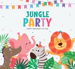 Jungle Party birthday illustration with cute wild animals wearing party hats. Fun and colorful vector design for kids’ birthday invitations and celebration themes.