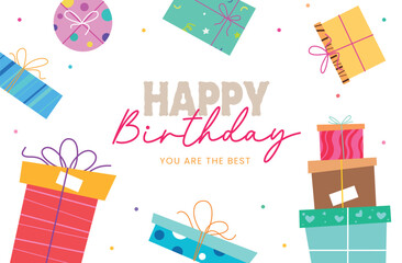 Colorful happy birthday greeting design with bright gift boxes and confetti on white background. Fun and modern vector layout for birthday cards, posters, and celebration templates.
