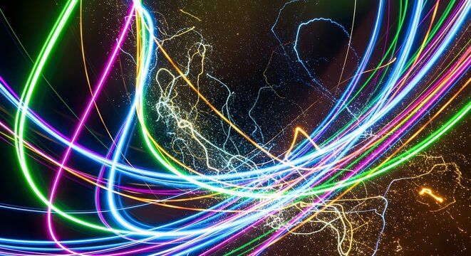 Abstract neon light trails swirling in the dark, representing data flow and technology.
