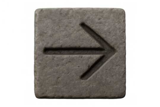 Stone arrow symbol pointing right on a rock textured button for navigation and direction, transparent background