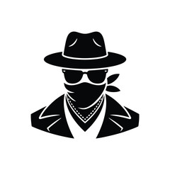 Silhouette of a mysterious person wearing a hat sunglasses and bandana