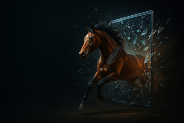 A majestic brown horse gallops with immense power, shattering a glass screen in a dramatic breakthrough concept of freedom and escaping virtual reality