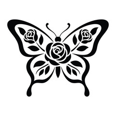 Elegant black silhouette butterfly with intricate rose flower designs