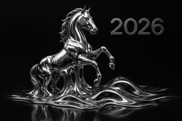 A futuristic metallic horse sculpture melting into liquid silver, symbolizing the Chinese zodiac year of the horse in 2026