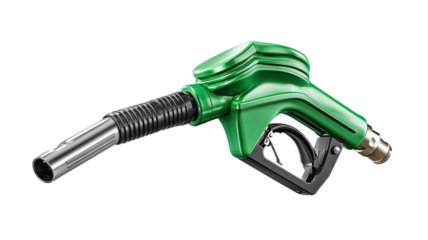 Fuel handle pump with metallic nozzle and rubber hose showing gasoline dispenser tool for vehicle refueling isolated on white background
