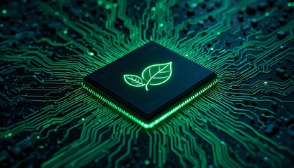 glowing leaf symbol on green cpu circuit board technology