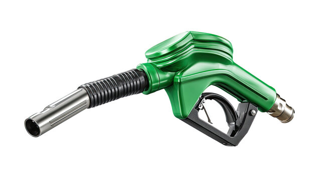 Fuel handle pump with metallic nozzle and rubber hose showing gasoline dispenser tool for vehicle refueling isolated on white background
