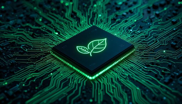 glowing leaf symbol on green cpu circuit board technology