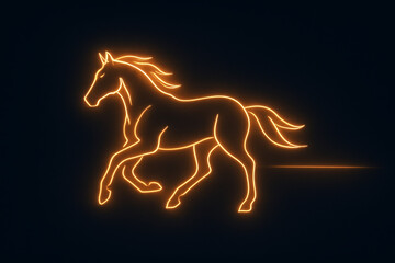 Glowing golden neon horse outline running on a dark background, symbolizing the zodiac year of the horse celebration