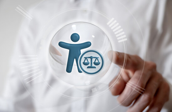 Accessibility Law and Justice Concept. Human figure with balance scale in a digital sphere. Disability rights and inclusive legislation.