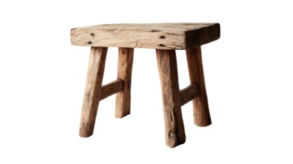 Rustic wooden stool with natural grain texture and sturdy handcrafted design showing vintage furniture piece isolated on white background