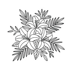 Elegant hand drawn lily flower bouquet with greenery outline illustration
