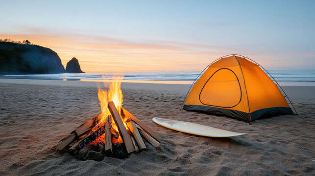 Camping scene with tent, campfire, and surfboard on beach at sunset