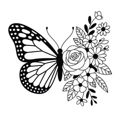 Artistic butterfly silhouette with delicate floral embellishments and rose detail