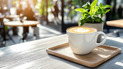 Serene cafe moment featuring latte art coffee cup on wooden tray, surrounded by greenery