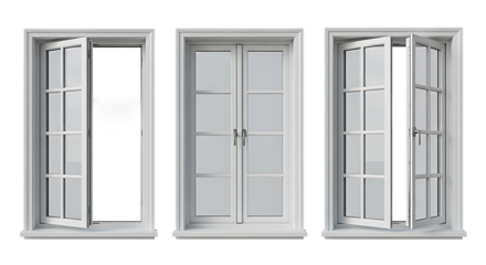 Three white casement windows with different opening states isolated on transparent background